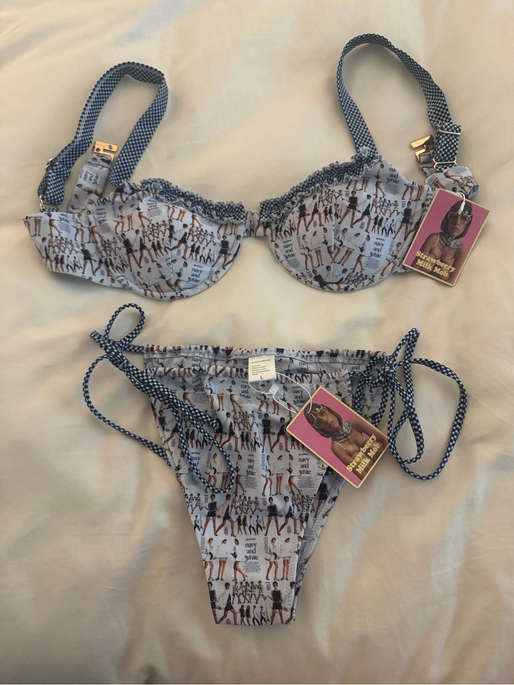 Strawberry Milk Mob Page 6 Printed Bikini Set with Navy Trim